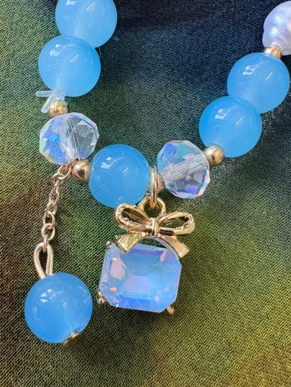 Sky Blue Glass Beaded and Faux Pearl Bracelet in Goldtone Set of Three